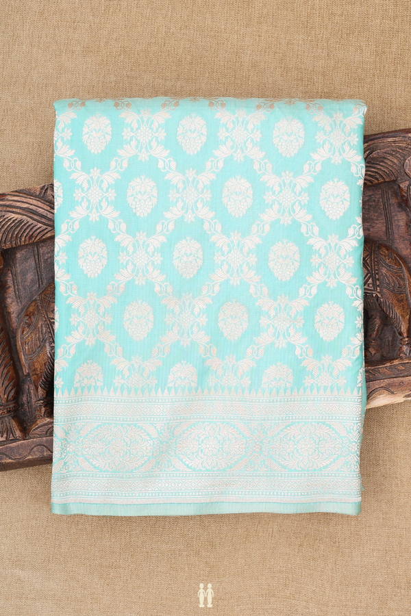 Banarasi Silk Saree In Mint Blue With Floral Design
