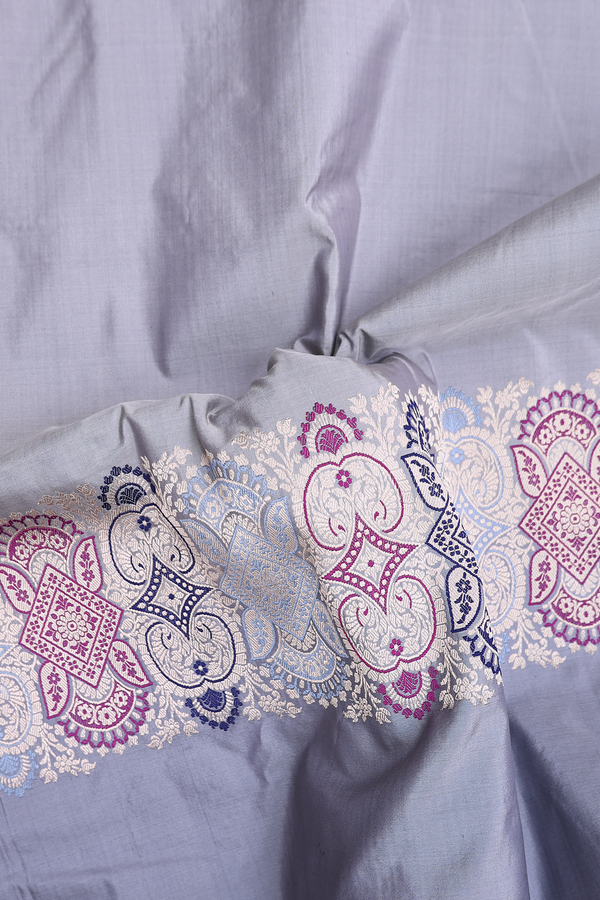 Banarasi Silk Saree In Grey With Zari Border