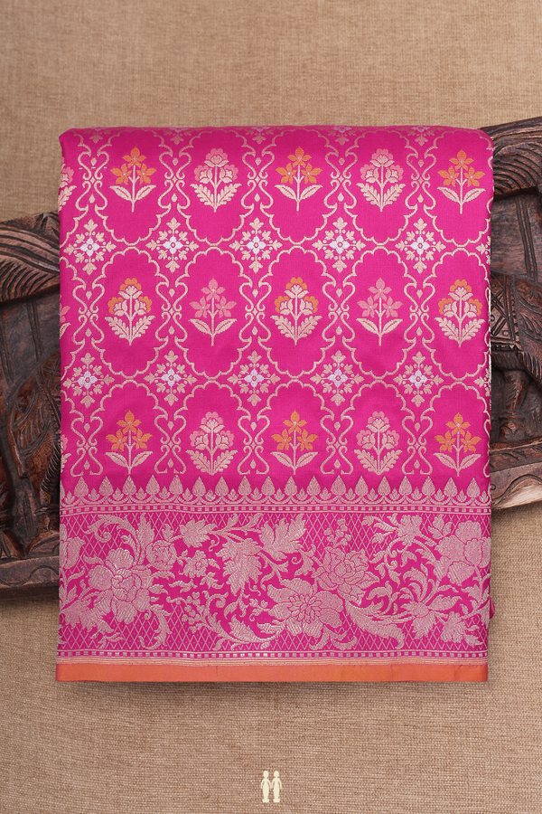 Banarasi Silk Saree In Magenta With Floral Design