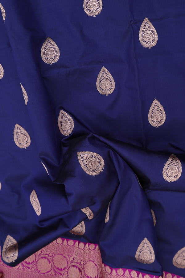 Banarasi Silk Saree In Navy Blue With Thilagam Motifs