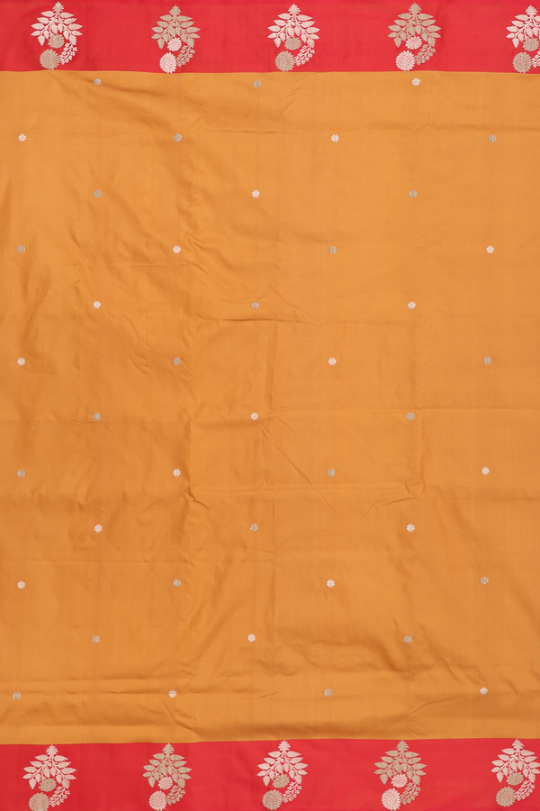 Banarasi Silk Saree In Ochre Orange With Floral Buttas