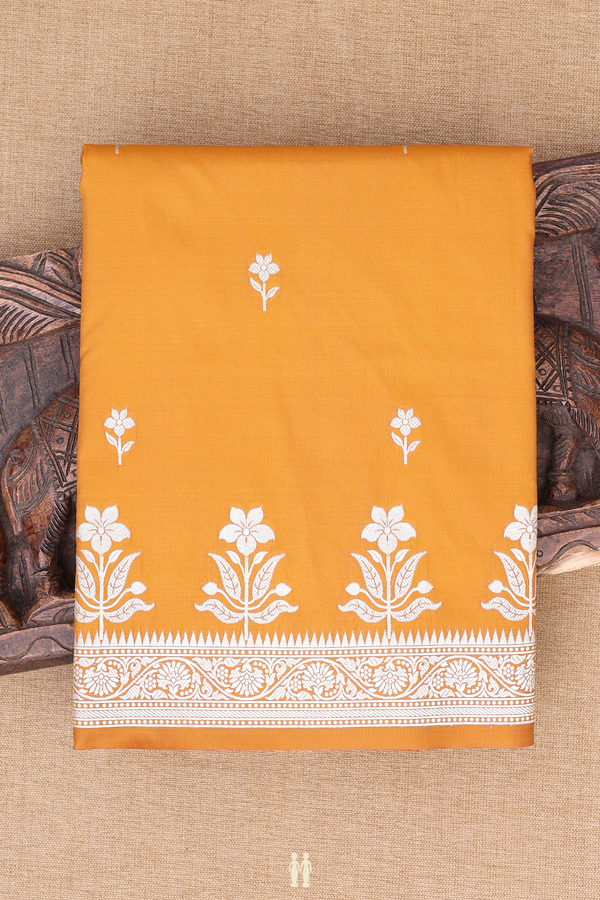 Banarasi Silk Saree In Ochre Orange With Floral Buttas