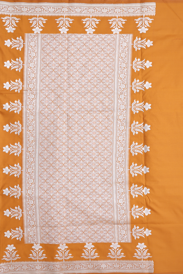 Banarasi Silk Saree In Ochre Orange With Floral Buttas