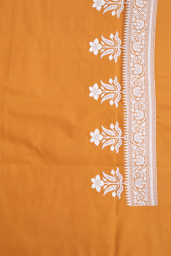 Banarasi Silk Saree In Ochre Orange With Floral Buttas
