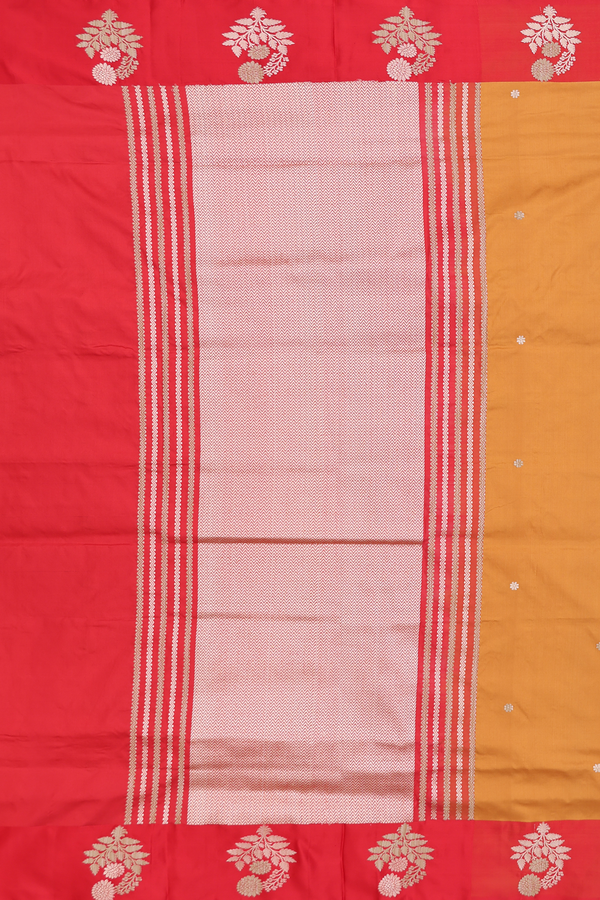 Banarasi Silk Saree In Ochre Orange With Floral Buttas