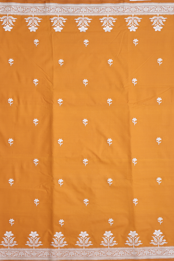Banarasi Silk Saree In Ochre Orange With Floral Buttas