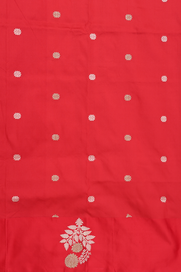 Banarasi Silk Saree In Ochre Orange With Floral Buttas