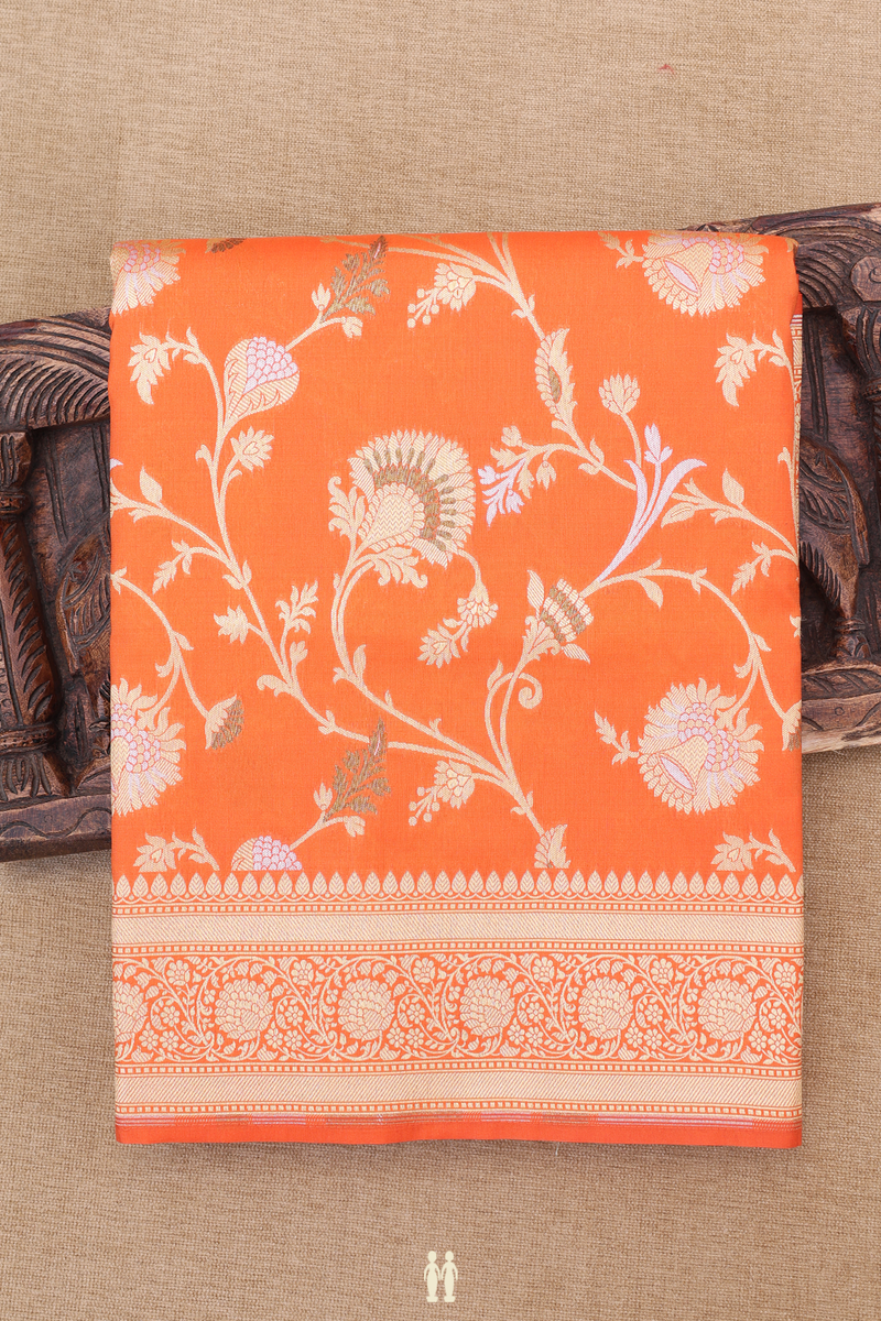 Banarasi Silk Saree In Orange With Floral Design