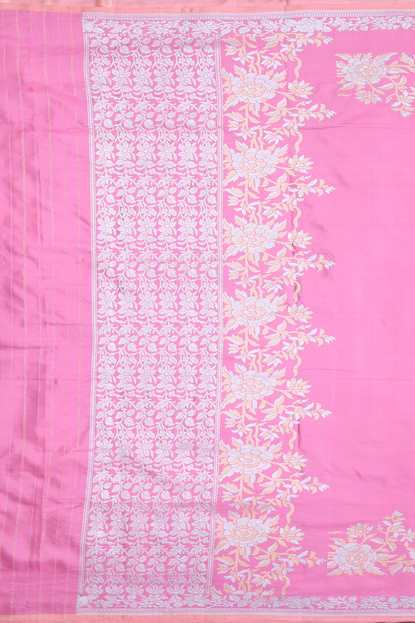 Banarasi Silk Saree In Orchid Pink With Floral Border