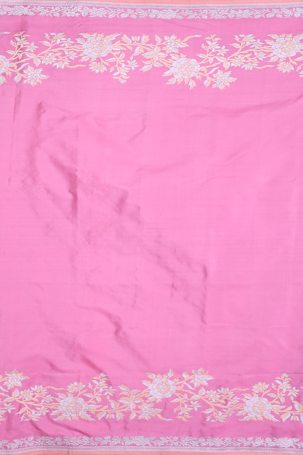 Banarasi Silk Saree In Orchid Pink With Floral Border