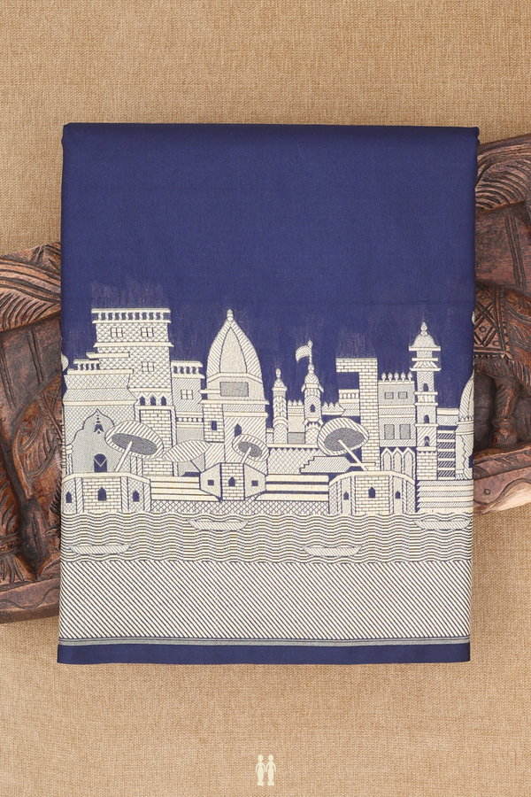 Banarasi Silk Saree In Oxford Blue With Ganga Ghat Border