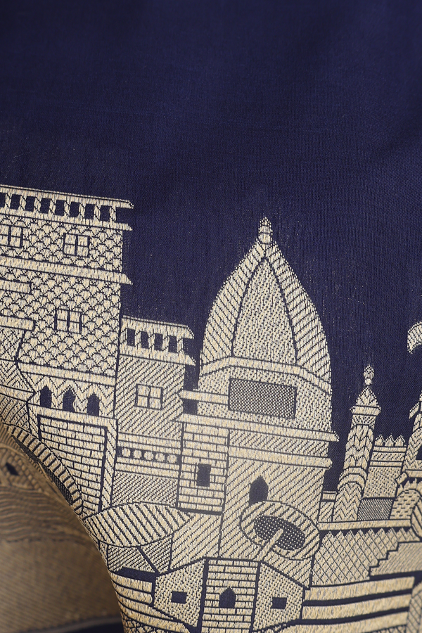 Banarasi Silk Saree In Oxford Blue With Ganga Ghat Border