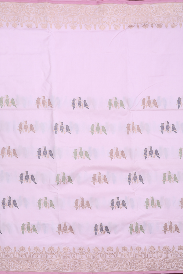 Banarasi Silk Saree In Pastel Pink With Birds Design