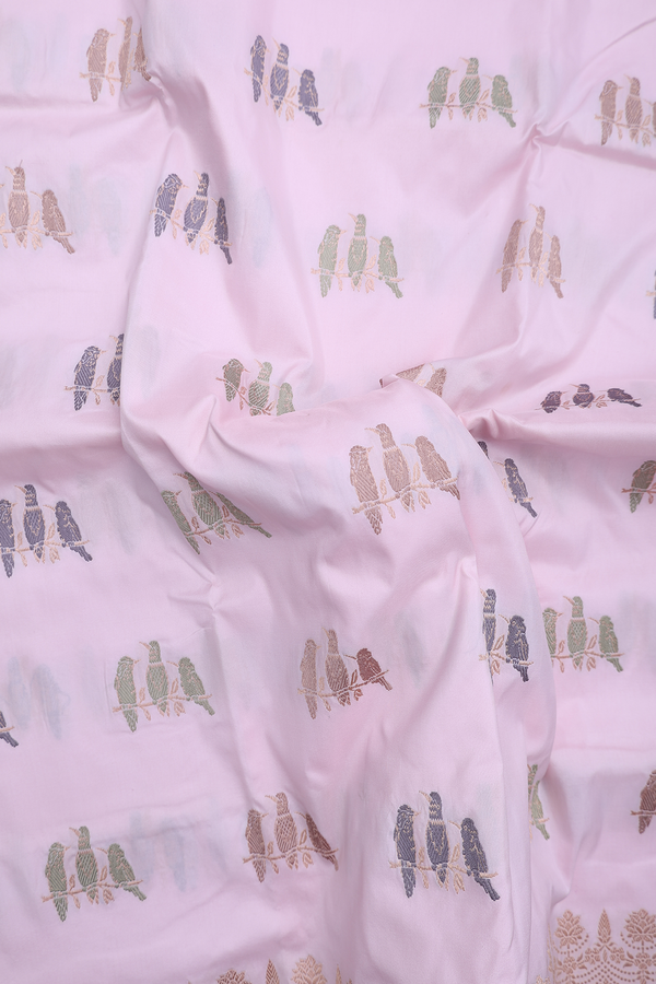Banarasi Silk Saree In Pastel Pink With Birds Design