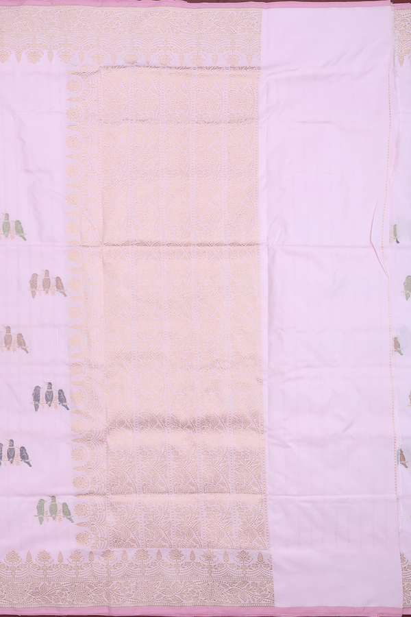 Banarasi Silk Saree In Pastel Pink With Birds Design