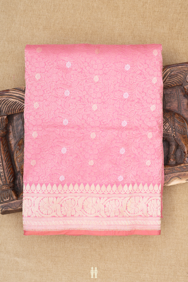Banarasi Silk Saree In Pink With Floral Buttas