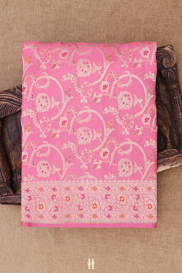 Banarasi Silk Saree In Pink With Floral Design
