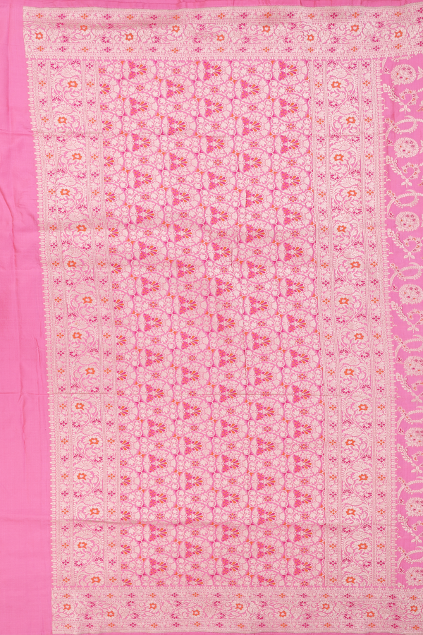 Banarasi Silk Saree In Pink With Floral Design