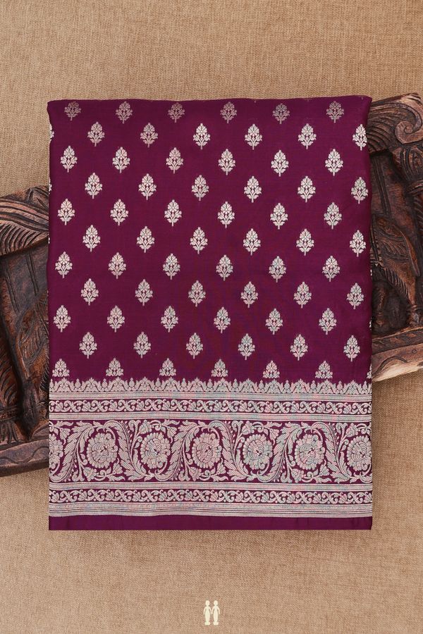 Banarasi Silk Saree In Plum Purple With Floral Buttas