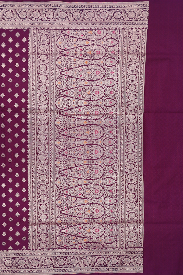 Banarasi Silk Saree In Plum Purple With Floral Buttas