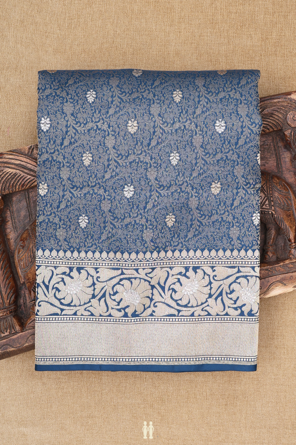 Banarasi Silk Saree In Prussian Blue With Floral Buttas