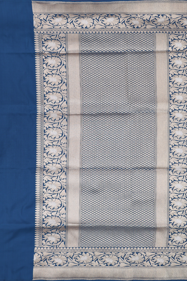 Banarasi Silk Saree In Prussian Blue With Floral Buttas