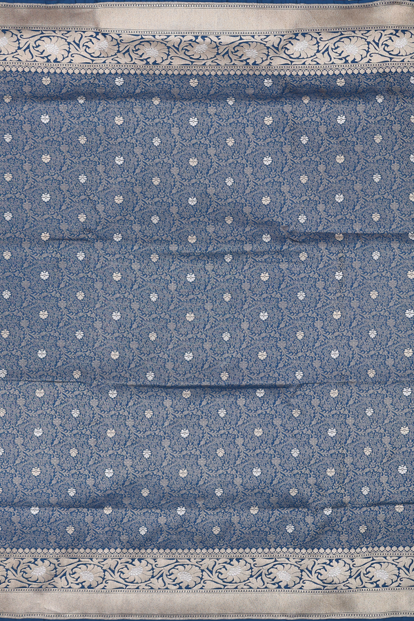 Banarasi Silk Saree In Prussian Blue With Floral Buttas