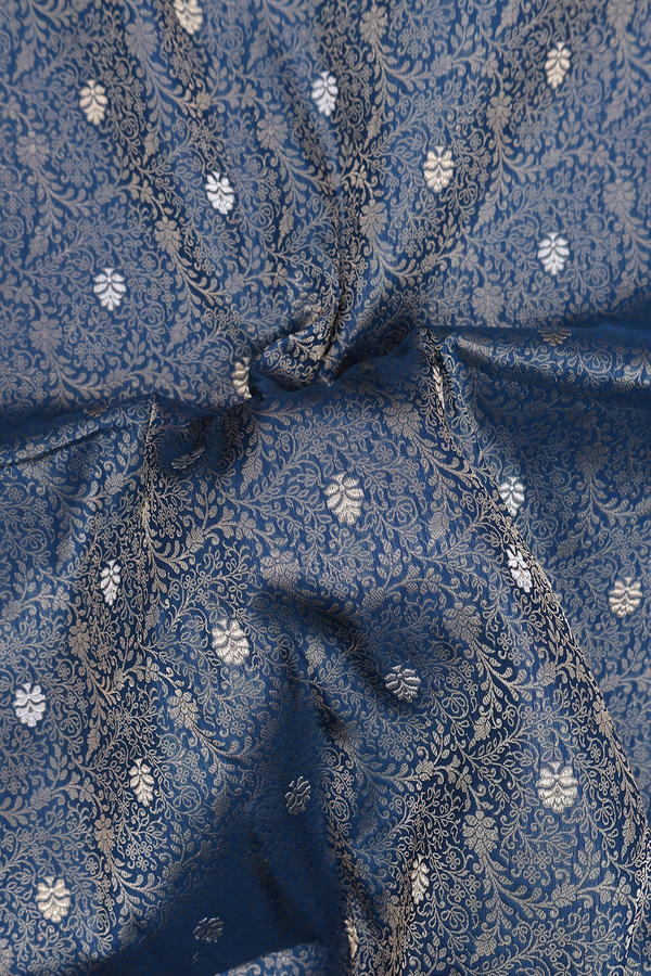 Banarasi Silk Saree In Prussian Blue With Floral Buttas