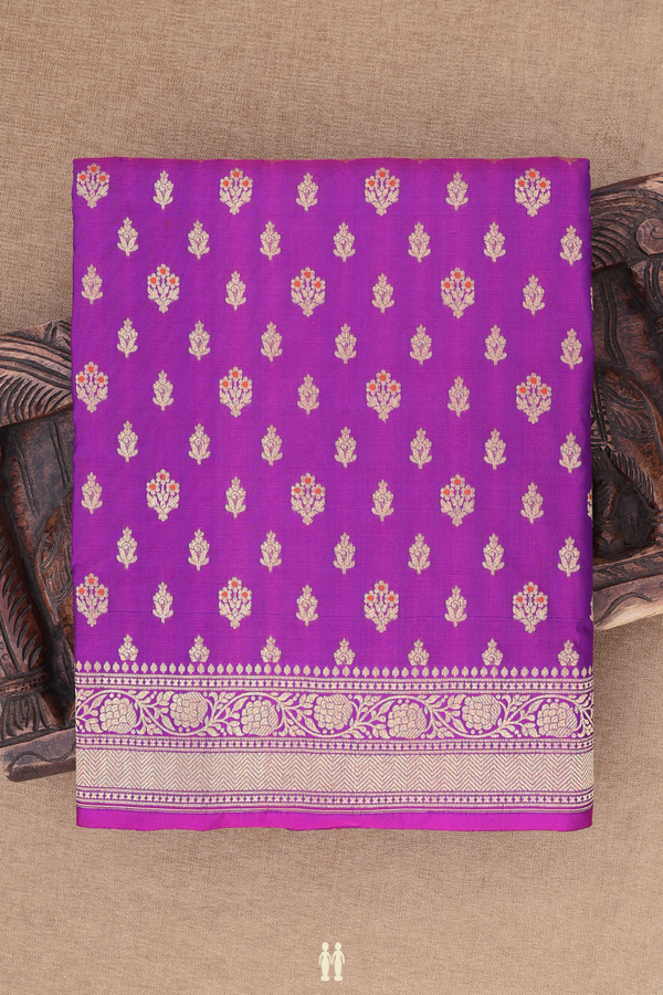 Banarasi Silk Saree In Purple With Floral Buttas