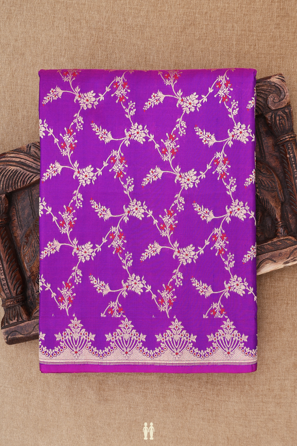 Banarasi Silk Saree In Purple With Floral Design