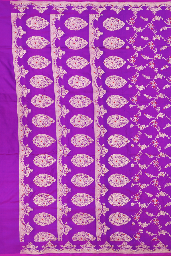 Banarasi Silk Saree In Purple With Floral Design