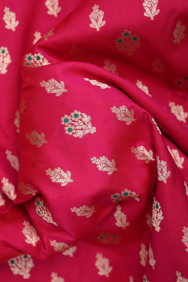 Banarasi Silk Saree In Rani Pink With Floral Buttas