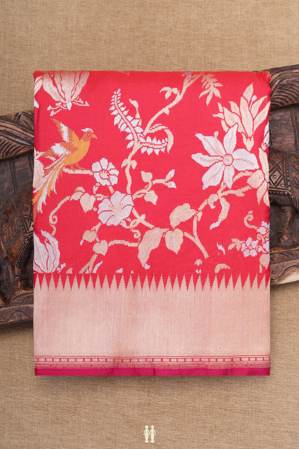 Banarasi Silk Saree In Red With Floral And Birds Design