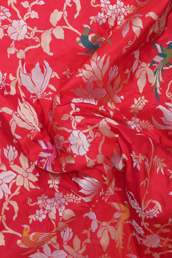 Banarasi Silk Saree In Red With Floral And Birds Design
