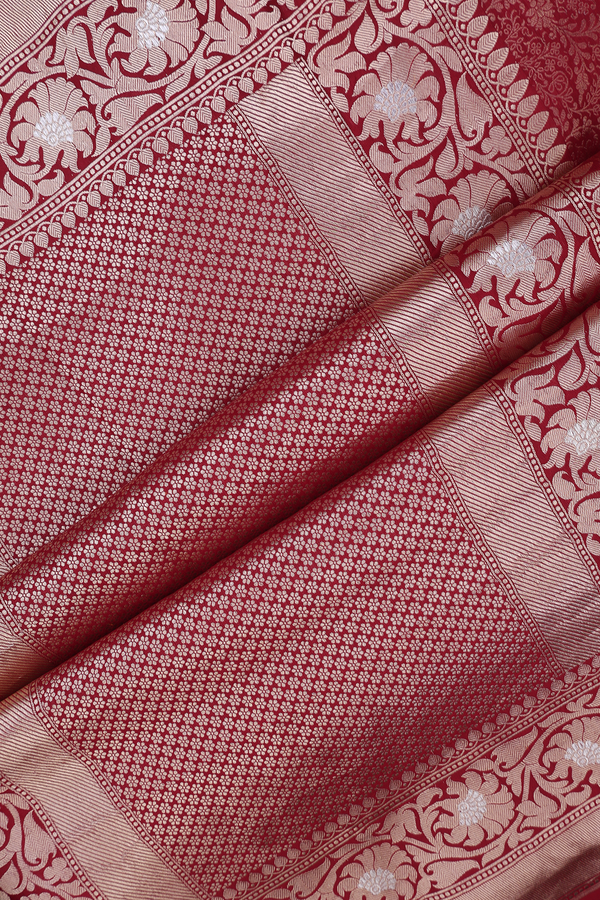 Banarasi Silk Saree In Ruby Red With Floral Design