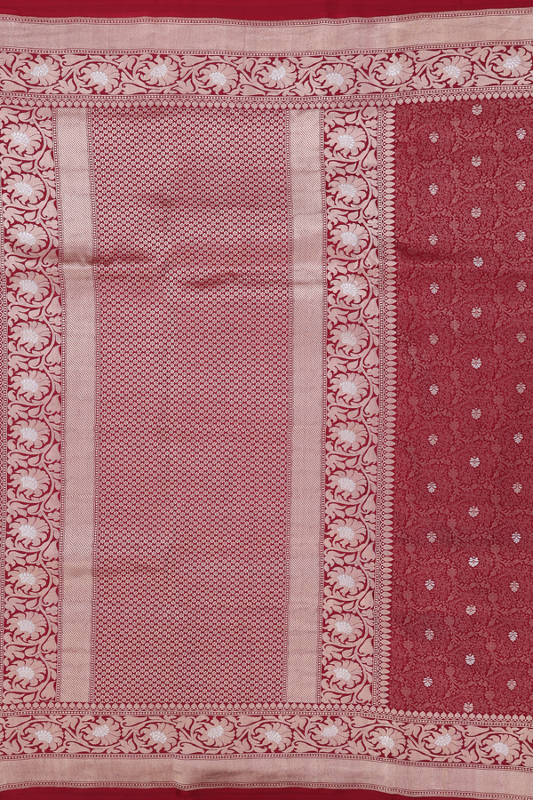 Banarasi Silk Saree In Ruby Red With Floral Design