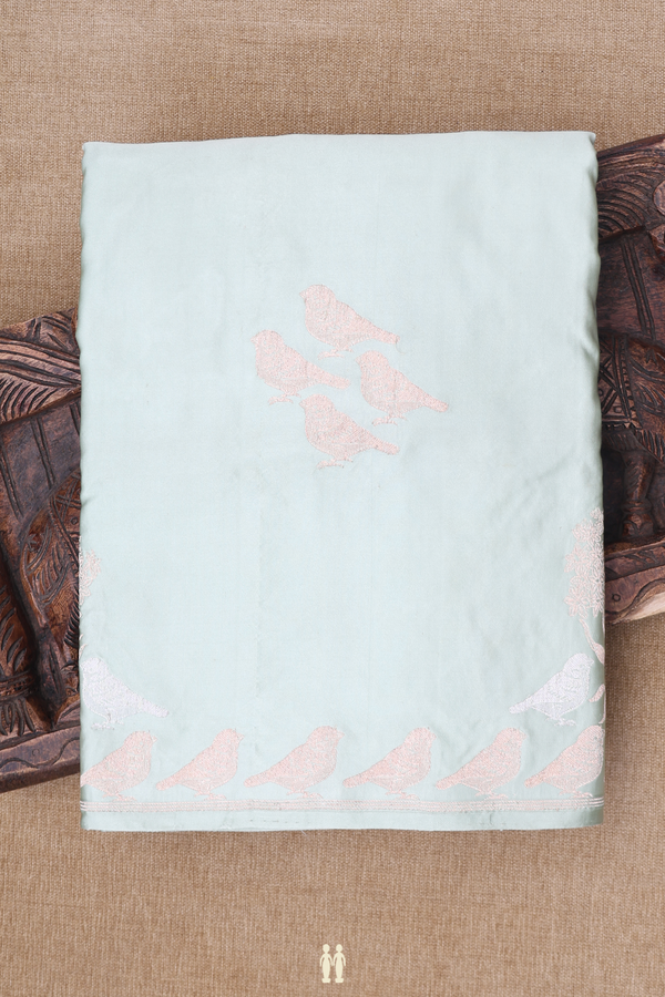 Banarasi Silk Saree In Sage Green With Birds Buttas