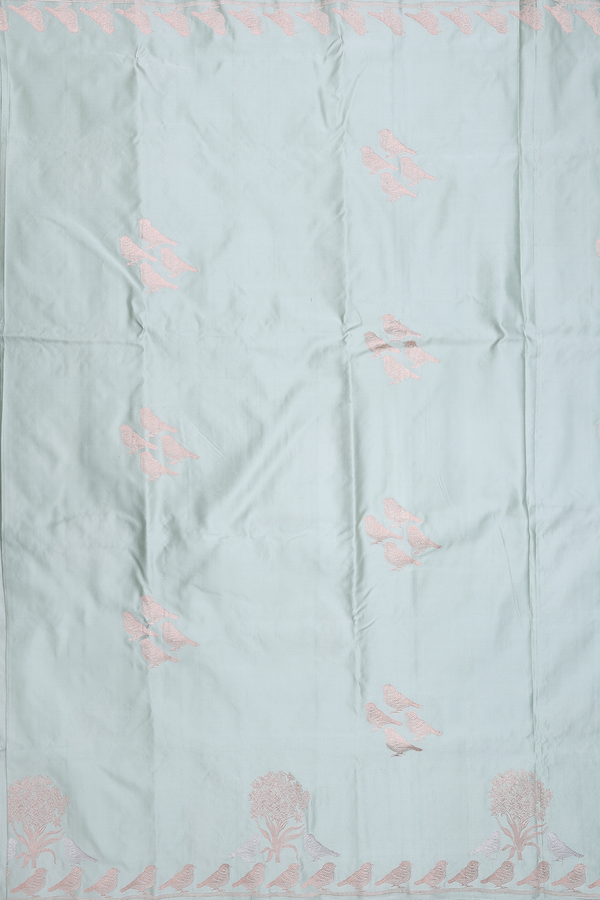 Banarasi Silk Saree In Sage Green With Birds Buttas