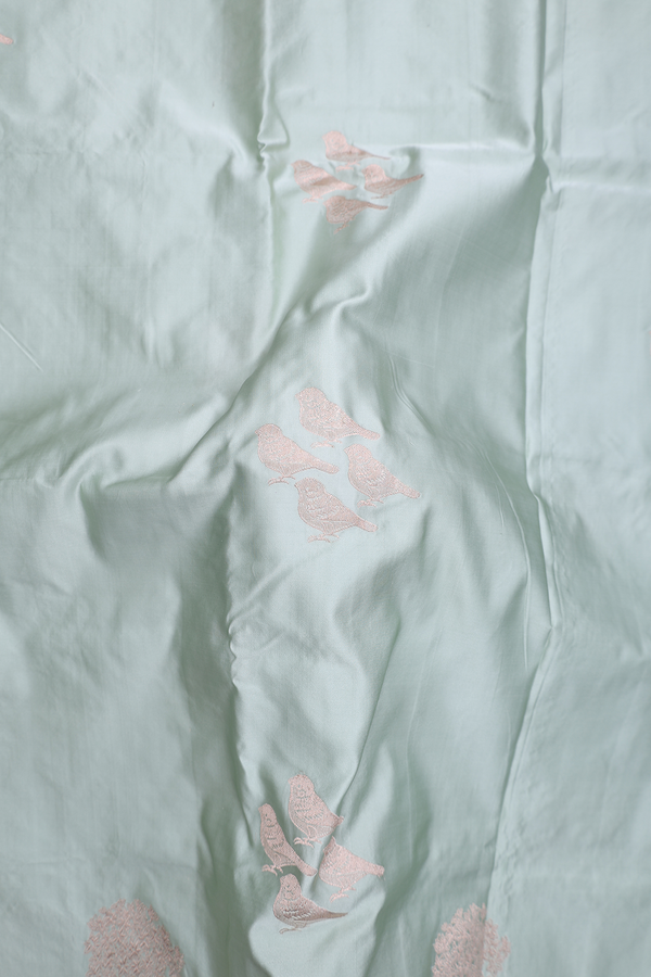 Banarasi Silk Saree In Sage Green With Birds Buttas