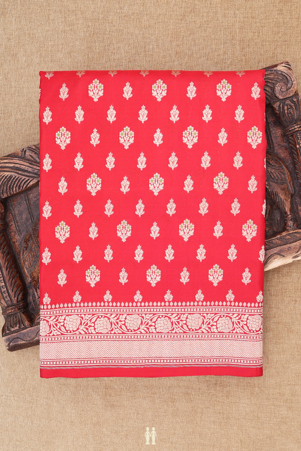 Banarasi Silk Saree In Scarlet Red With Floral Buttas