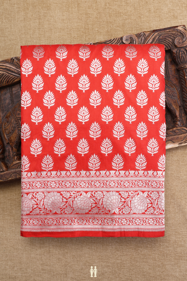 Banarasi Silk Saree In Scarlet Red With Floral Buttas