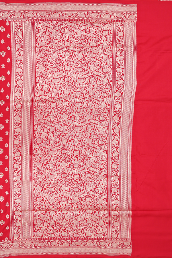 Banarasi Silk Saree In Scarlet Red With Floral Buttas