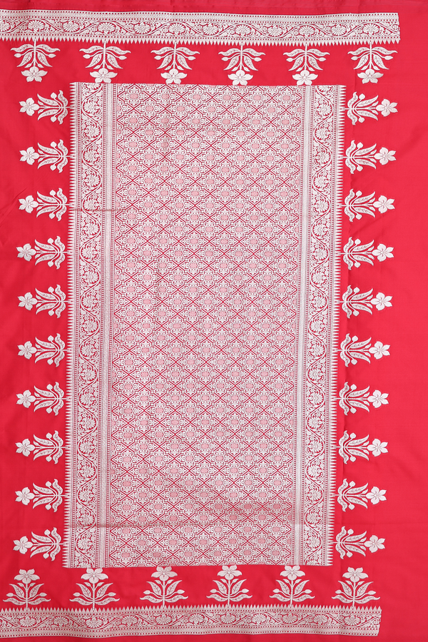 Banarasi Silk Saree In Scarlet Red With Floral Buttas