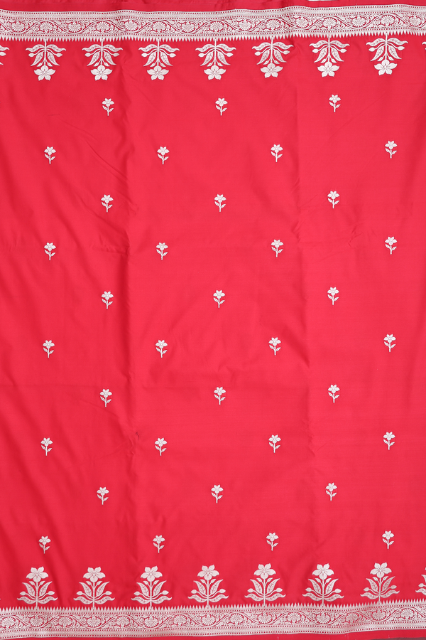 Banarasi Silk Saree In Scarlet Red With Floral Buttas