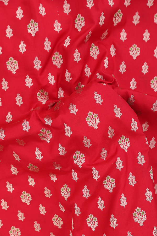 Banarasi Silk Saree In Scarlet Red With Floral Buttas