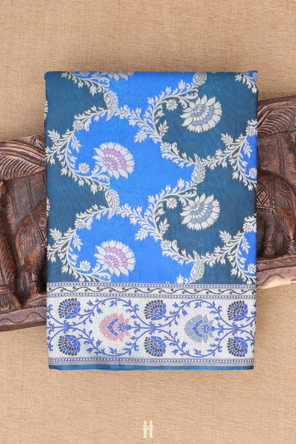 Banarasi Silk Saree In Shades Of Blue With Floral Design