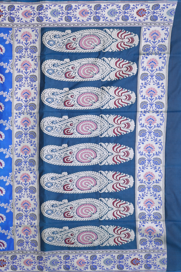 Banarasi Silk Saree In Shades Of Blue With Floral Design