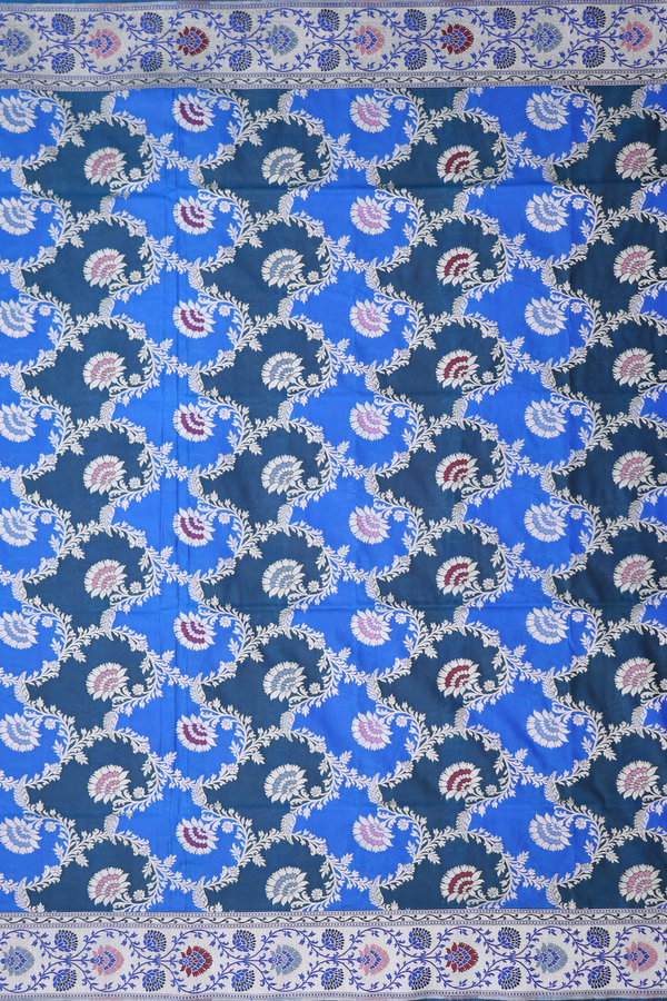 Banarasi Silk Saree In Shades Of Blue With Floral Design