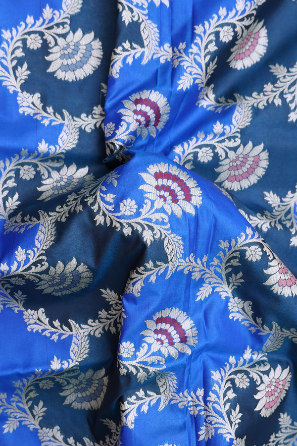 Banarasi Silk Saree In Shades Of Blue With Floral Design