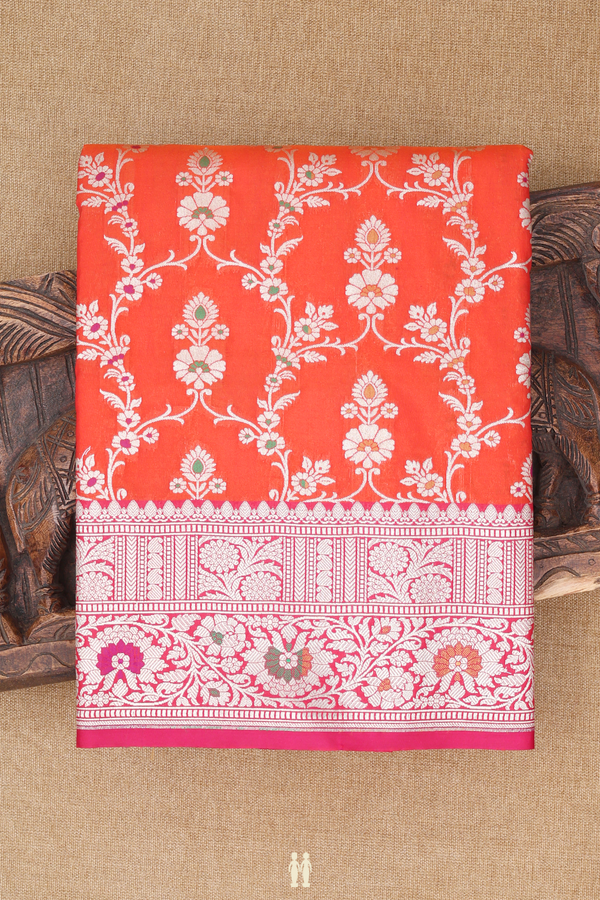 Banarasi Silk Saree In Spiced Orange With Floral Design